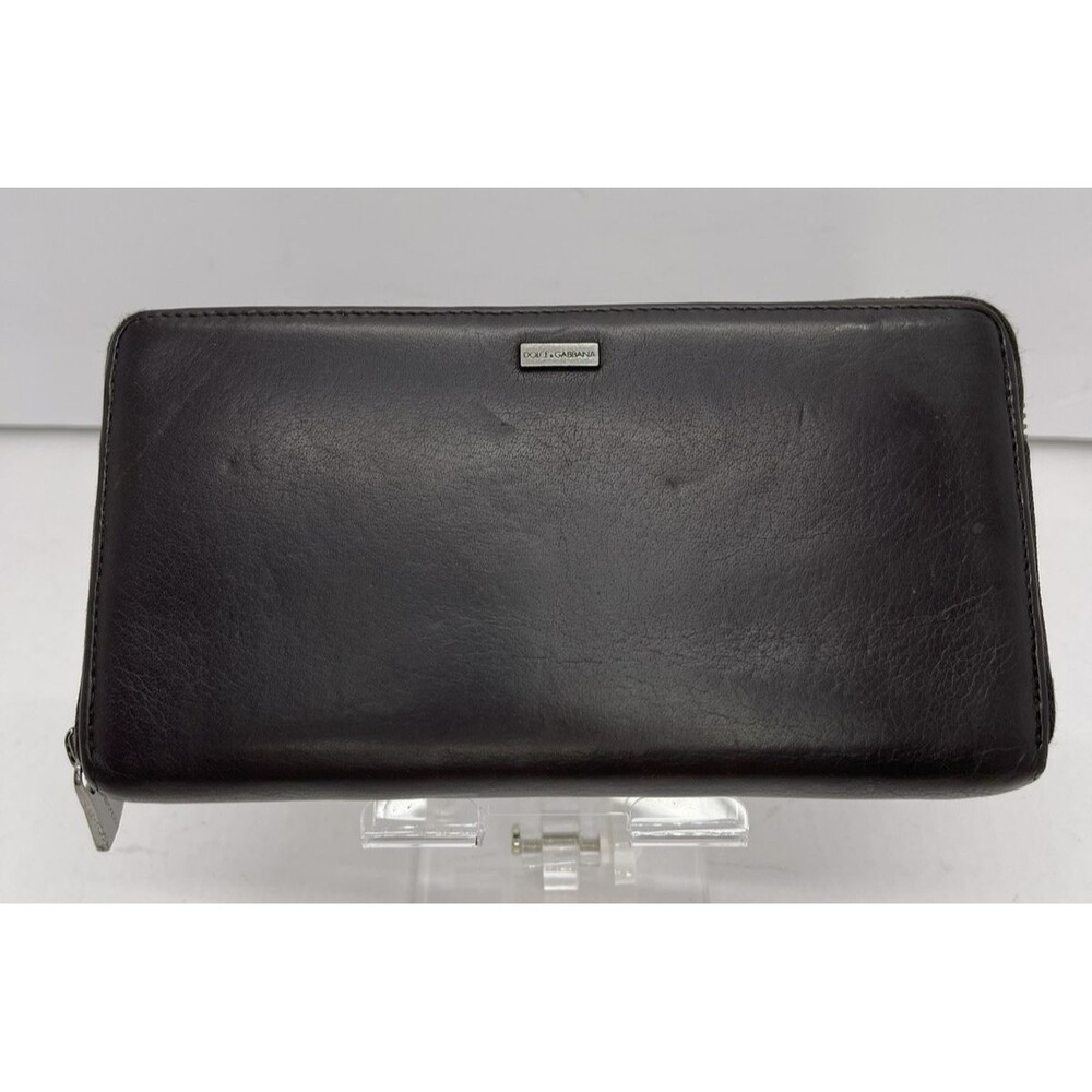 Dolce and Gabbana Logo Plate Leather Zip Around Long Wallet Brown